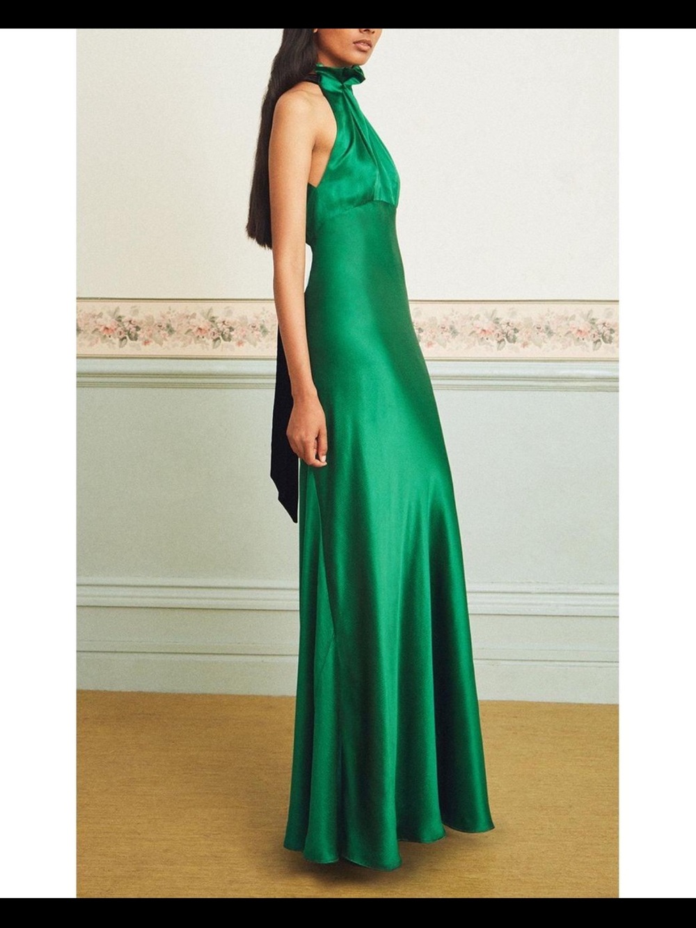 Saloni Emerald  Halter Satin Evening Gown